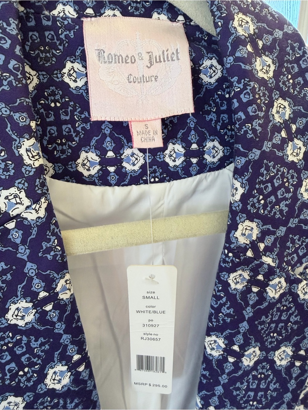 Romeo & Juliet Couture NWT Blue White Geometric Print Blazer Open Front Size S